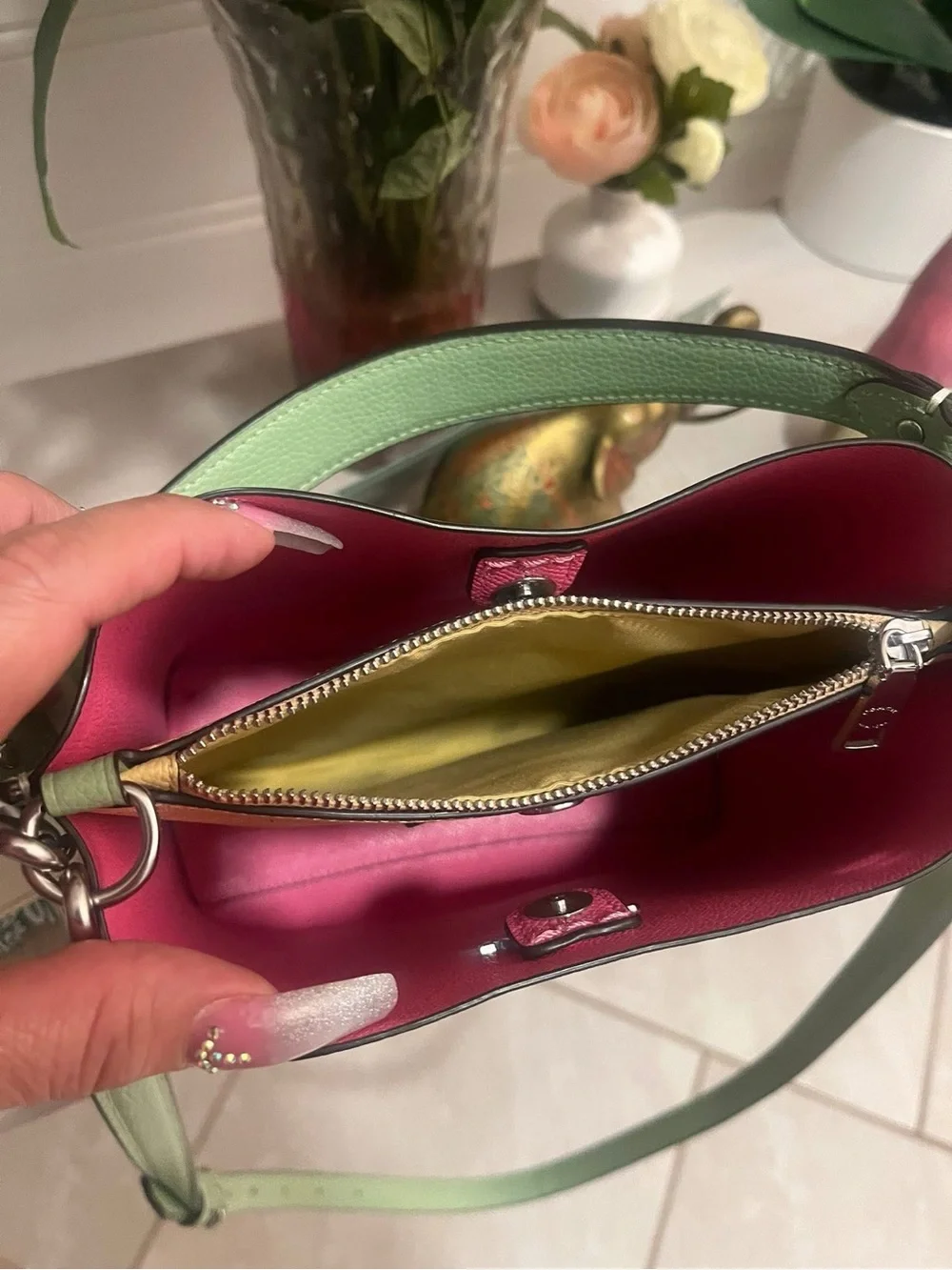 Coach Pebbled Leather Crossbody in Light Green with Pink Trim